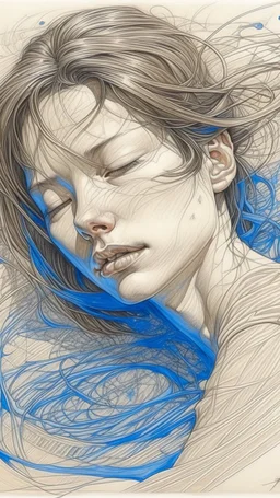 color ballpoint pen drawing: beautiful woman, with a slight smile, in a attractive pose, splashing, scraping, on embossed paper, coarse paper, by Aaron Horkey