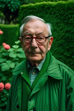 un retrato de un anciano con un sobretodo verde y lentes de marco grueso en un jardi n de rosas