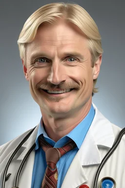 Mid-thirties, Caucasian male doctor, kind smile, blonde hair (slightly disheveled) thick blonde mustache, pale blue eyes, broad shoulders, muscular, six foot, Hawaiian shirt under white lab coat (with blood stains around the edges) , Strong Jaw line, encroaching shadowy tendrils,stethoscope draped around neck, photo realistic