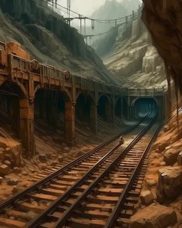 A brown underground mine with railroads painted by Cai Jia