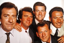 a photo of 5 men in their 30s, antique photo, add background, hand on some shoulders