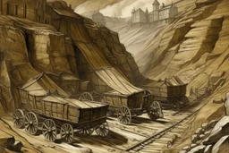 A sepia underground mining village with minecarts painted by Alfred Sisley