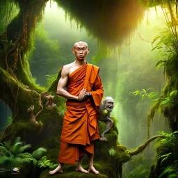 Buddhist monk in a jungle, hyper realistic, photography, rays, amazing lighting