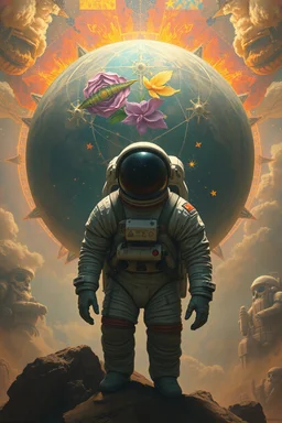Bosch painting style, an astronaut surrounded by beautiful large thingbehind him as protector