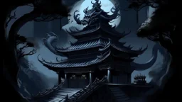 A dark bluish black shadowy temple with a moon dragon painted by Hashimoto Gaho