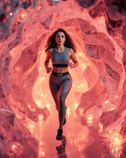 make a video pretty crystal cave covered with jewells and CIFI jewell lights and 3d recursive cubic and sphere base pearls and jwells a beautiful fashion model lady with cute,curvy hair,makeup, in pretty sports suit is running inside cave ,dynamic camera fallow her inside cave capturing full body, dynamic lights.