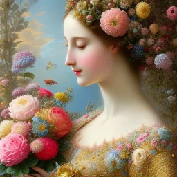 a close up of a statue of a woman surrounded by flowers, digital art, inspired by james christensen, rococo, photography alexey gurylev, crown of blue flowers, clothes made out of flower, agostino arrivabene, jean-sebastien rossbach, portrait of virgin mary, dressed in ornate, shaxi