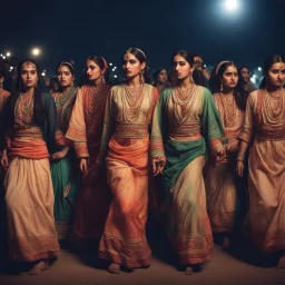 Hyper Realistic Traditional Pushto girls & women doing traditional dance & wearing traditional desi cloths at dark night in a cultural celebration with lots of other people