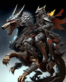 A combination of a dragon and a wolf and a commander riding on it Warrior warrior with leather and metal clothes and robotic metal