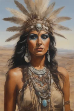 head to waist - native American Indian - Joan Collins - craggy desert wasteland background, 32k, UHD, Hyper-realistic oil painting by Gerald Brom