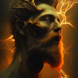 ortrait photography of an ethereal beautiful animal god, Fire theme art, Dark moody night atmosphere, Portrait of a man by Michelangelo, 8K, close-up face, anatomically perfect face, oak tree roots, ignore NSFW