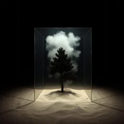 A photo of a dark, closed environment in a museum. At the center, a transparent structure made of plexiglass encloses a misty element. There are dark trees. The surface below appears to be sandy, with small dunes or accumulations of sand. In the background, other forms or structures are visible, some of which are dark and organic in appearance. The photo was taken with a Hasselblad H6D 400c camera.