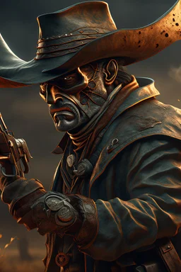 Bosch nightmares paint inf style Title: " cowboy with his gun towards you “ insanely detailed octane render trending on artstation, 8k artistic photography, photorealistic concept art, soft natural volumetric cinematic perfect light, chiaroscuro, award-winning photograph, masterpiece, oil on canvas, Raphael, Caravaggio, Greg Rutkowski, people, beksinski, Giger