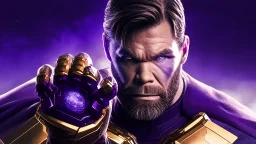 A sporty looking man with With a serious his face while holding Thanos' gantlet K's infinity gauntlet has six infinity stones