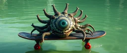 floating creature with a central eye and ten eyestalks, each capable of firing magical rays according to the Monster Wikit on skateboard in a lagoon, goa folk electronica trance, latin breaks, , indian vibes, fsol, close up portrait
