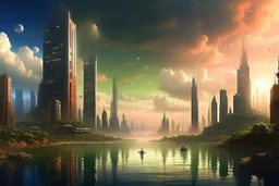 city, sci-fi, lake, ships, clouds, gary numan influence