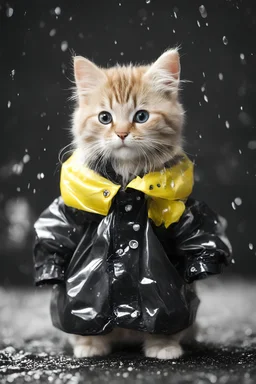 baby cat in raincoat. Chibi, Photograph, Canon DSLR, Tilt - shift, black background, high definition, Complete and coordinated composition, 8k