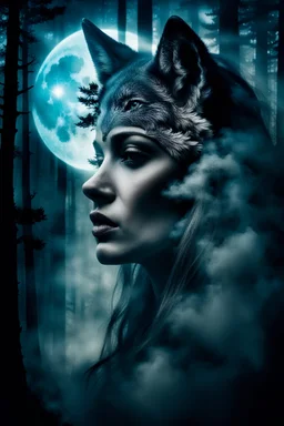 double exposure stunning woman-wolf hybrid portait, forest, moon, smoke, ultra-high detailed, deep dark colors, dark fantasy, intricate detail, cinematic, masterpiece, sharp focus, dark ethereal fantasy, hyperdetailed, atmospheric , dark surreal fantasy