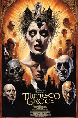 Title "Theatre Grottesco" modern movie poster design by Drew Struzan, art by Michael Whelan by Lee Miller, visceral dark horror film by "THOMAS LIGOTTI", staging of incoherent deformities and derangements, dreadful payhouse of a Grand Guignal, ultra dramatic, horror movie aesthetic, ultra quality.