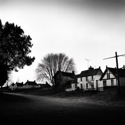 A landscape, odd black and white old photo, dystopic atmosphere, trees, some odd houses, George Grosz