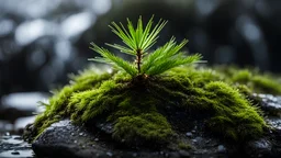 Close up of a spruce seedling on a wet rock,,moss,high details,dark place