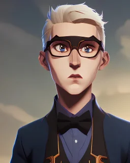 tall young man witbh square glasses, blonde hair and grey eyes. He wears blue shirt, dark tails, bow tie and chimney pot hat. He is flying between the stars