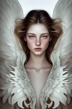A detailed illustration of a beautiful young female human with wings. Skin, hair and face are all made of paint. Highly detailed flawless facial features and eyes. Abstract Oil painting splash art. White background, wide angle, abstract design, beautiful, thick flowing paint strokes, fantasy art, modern art, ((soft happy complimentary colors,)) modern aesthetic, focused on the character, 4K resolution.