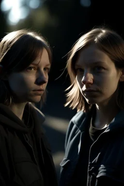 yakın 2 kız arkadaş 2D uzak uzaktan görünüm poz veriyorlar the walking death tarzı kameraya dönük yüzleri değişsin kameraya dönük Gölgelendir