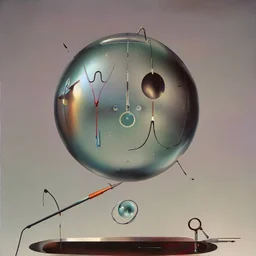 unverse-like Soap Bubble including complex surgical instruments mixed with musical instruments,Painting By Adrian Ghenie, Rene Magritte, Salvador Dali, Lucian Freud