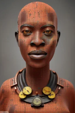 african portrait in rusted clocks, clock face, rust, scaffolding, ghana colours, cyberpunk, high detail