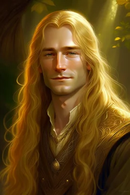 A young serene Lord Of The Rings like man with long golden hair that cascades gracefully. His open eyes, with blind pupils, reflect a depth of wisdom and inner peace. A gentle smile graces his face, adding warmth to his tranquil demeanor.