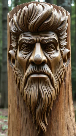 Create an ultra-realistic handcrafted wooden sculpture using the uploaded reference photo as the only identity reference. Transform the person into a real carved wooden statue made directly from a massive natural tree trunk. The sculpture must be carved into a huge, thick, ancient tree trunk with a large diameter, not a small log or short piece of wood. Preserve the person's exact identity, facial structure, expression, hairstyle, and unique features from the reference photo. The face should re