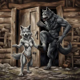 fantasy digital art of a young anthro wolf kicked out of the house, she have gray hairy wolf body and wears just a short canvas rag around her waist , she have sadly face in the rain , behind her an tall angry anthro wolf man in dark gray body hairy kicks she out the door with his foot, behind in rustic halb open door in an massive wooden house, rainy day, detailed, fantasy mood