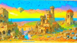 Destroyed City, medieval ruins, debris, stone, breched, brocken, Perspektiv from the sky, by Jean-Baptiste Monge, Ivan Bilibin, Albert Bierstadt, Reza Badrossama, watercolor, intricate details, fantasy, beautiful, oil on canvas, award winning, imperial colours, fantastic view, radient colours, very attractive, crisp quality