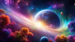 2115. Beautiful magic fantasy detailed outer space, stars, galaxy, rainbow and floral planets, beautiful dreams, aesthetically pleasing, realistic, mystery, spiritual, close-up, luminescent, internal glow, professional photo, high resolution, high detail, 16k, 1/250s, f/2.8, 30mm lens, ISO 100, bright lighting