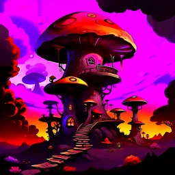 A fantabulous black, magenta and orange (((mushroom tower house))) erected atop a (geologic pillar), surrounded by the uncanny imaginative ((( swirling skies))), offset by the stark hues of a (neon-tinged nebulous space scape), within. captured by the hand a skilled master painter with a focus on (softly blurred compositions and voluminous lighting).