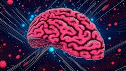 Comic style, bare pink human brain flying trough the universe, background galaxy's