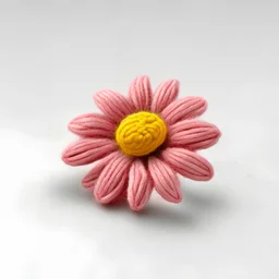 Wool bobbin shaped like a pink daisy flower. front view. bottomless.
