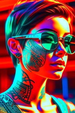 Retro-futuristic , detailed face. Beautiful woman. big retro sunglasses, body tattooed, Full body long shot , highly detailed, hyper detailed , 8K, HD