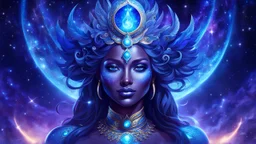 Full body portrait of a peaceful smiling guardian Goddess of the galaxies with a blue indigo purple skin, high skul, luminous eyes