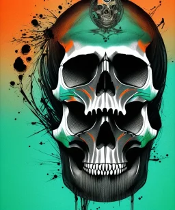 minimal lineart skull. watercolor and ink. black background. teal and orange