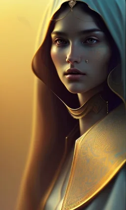 Arabic poet , cute, beautiful, long hair, wavy hair, black eyes,Arab cloak، head and shoulders portrait, cinematic, 8k, resolution concept art portrait by Greg Rutkowski, Artgerm, WLOP, Alphonse Mucha dynamic lighting hyperdetailed intricately detailed