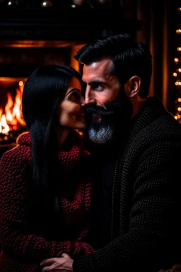 Fire place Christmas scene, dark haired couple, man with short black beard, blue eyes, cozy, young couple, high definition