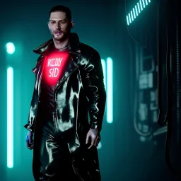 Actor, tom hardy, blade runner style, rain, fog, neon ambient, gradient color, clean skin, circuits, latex coat, cyber punk, neon, tubes, portrait, studio photo, unreal engine 5, smooth color, 16 bit, god lights, ray tracing, RTX, lumen lighting, ultra deatail, volumetric lighting, 3d, finely drawn, hd.