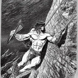 high-angle shot of a [Conan the Barbarian] holing an ((axe)) on a cliff overlooking the sea, monsters in the water by Barry Windsor-Smith, extremely detailed face, full-body