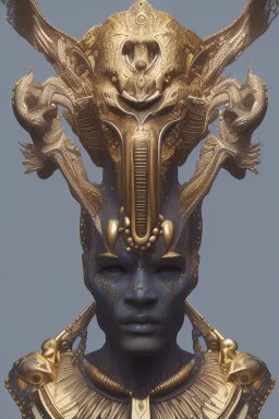 Aztec male African Egyptian alien, cracks in the voodoo head, wicked, eyes, crown, Elephant, 8k, finely detailed, photo realistic, tiger turquoise skull head gold dragon space alien snow skeleton gold hornytoad silver crown silver eyes