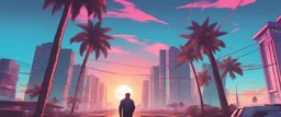 comic book illustration looking straight ahead,synthwave colors in Miami beach, sunshine, blue sky, art inspired in GTA VI game, cinematic light, 4K