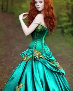 Magic princess with long auburn hair green eyes wearing a big teal green and gold satin ballgown corset off shoulder top casting magic