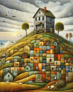 Richly textured Hieronymus Bosch, Catrin Welz-Stein, William Turner, Zdzisław Beksiński, Jacek Yerka oil on canvas zentangle line art style mix, surreal frosted fantasyland winter oceanscape, hoarfrost on trees, high grasses, snow and cottages, withered flowers, pale sunrise; paint splatter, beautiful vibrant colors, reflections, SK, flying seagulls, dramatic clouds, snowfall.