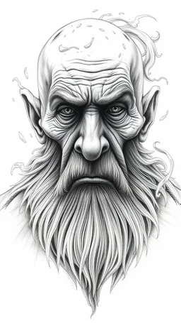 ππ§π€π’π₯π© highly detailed graphite illustration, front view , A surreal old man figure with exaggerated anatomical features, heavily wrinkled skin, and an intense, contemplative expression. bald head, thick eyebrows, long beard merge into swirling abstract shape. Mysterious, introspective, dreamlike, somewhat dark fantasy. #ππ§πart #prompt
